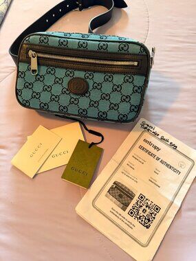 Gucci GG Canvas Belt Bag Turquoise Blue & Navy Leather